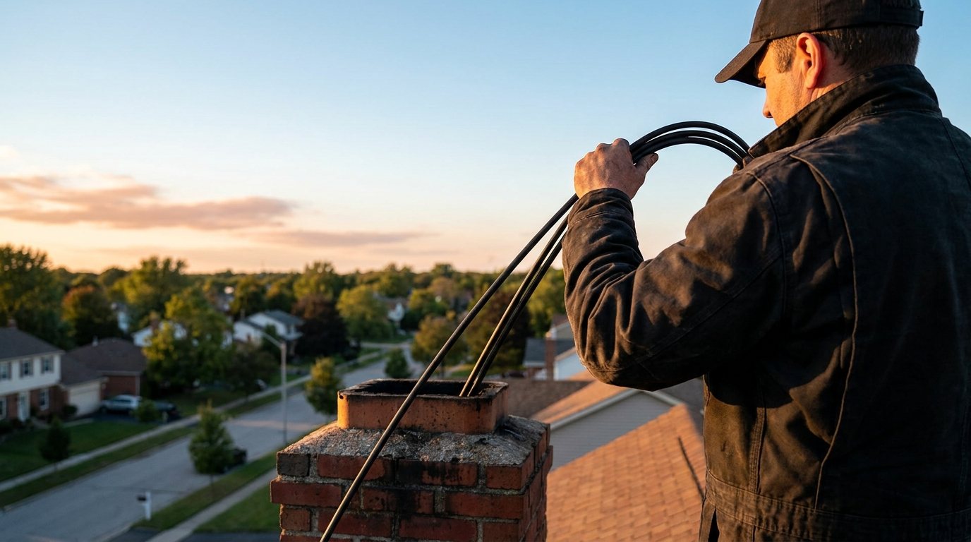 Blue Collar Chimney technician servicing a brick chimney on a rooftop at sunset
